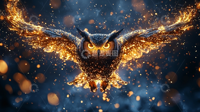 高清大图下载【趣麦麦图】金色光芒下的飞翔猫头鹰
