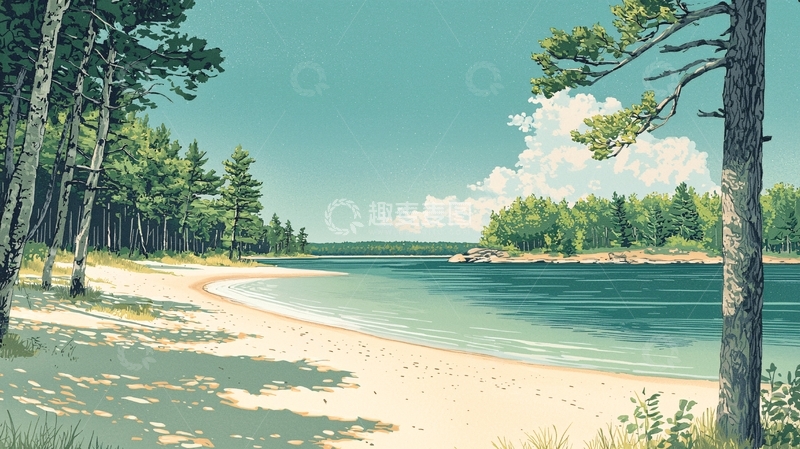 高清大图下载【趣麦麦图】宁静的海滩与松林