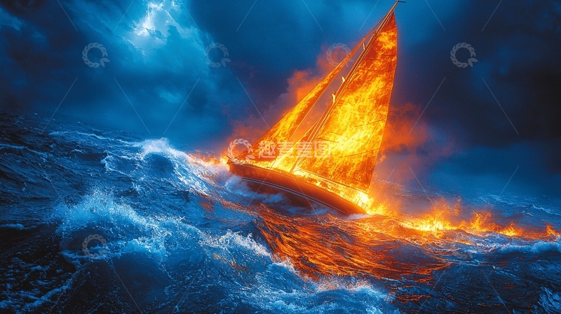 高清大图下载【趣麦麦图】燃烧的船在暴风雨中