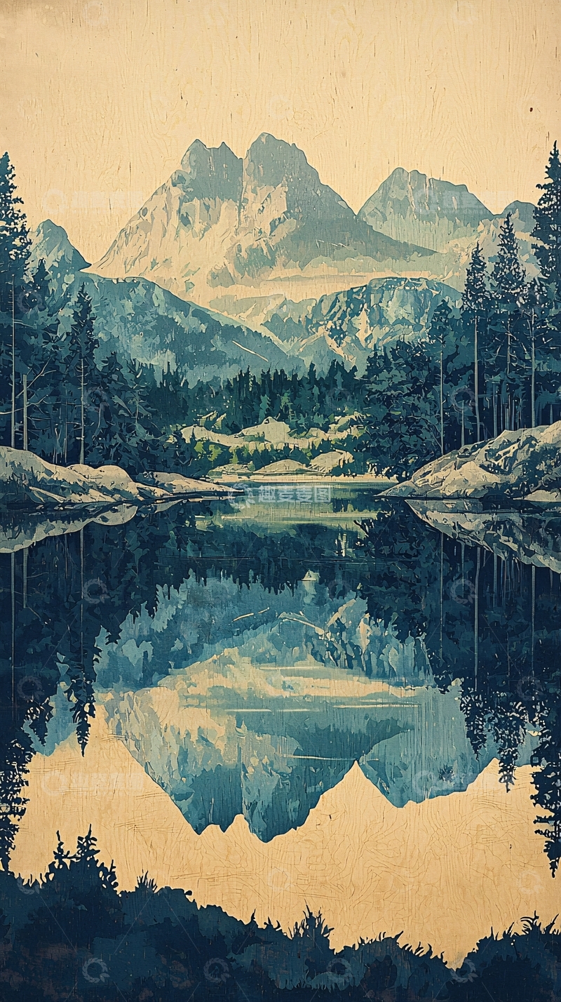 高清大图下载【趣麦麦图】山峦倒影湖泊风景画