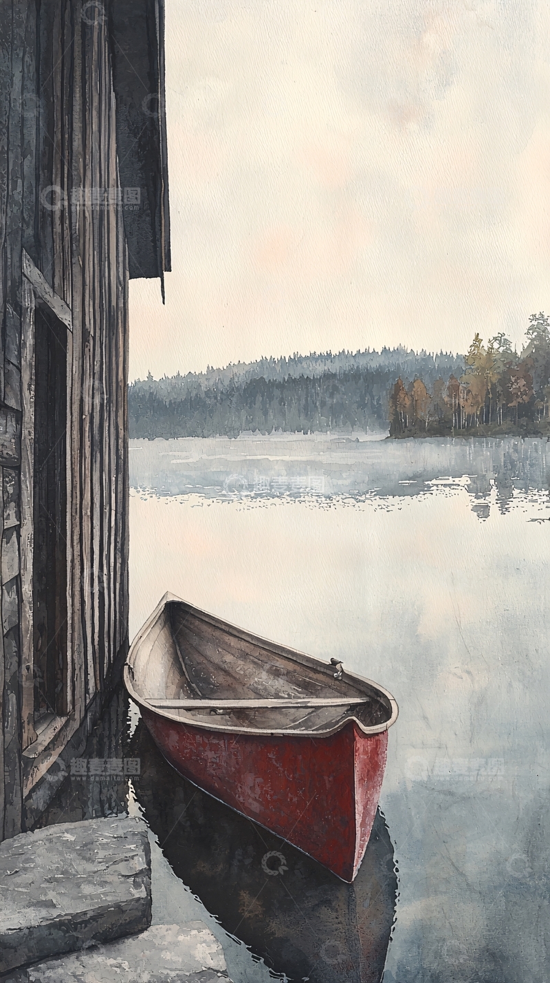 高清大图下载【趣麦麦图】老木屋旁的红色独木舟