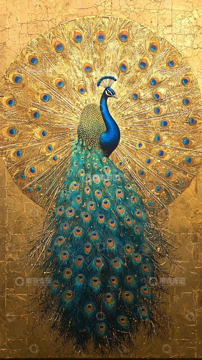 高清大图下载【趣麦麦图】金色背景下的华丽孔雀