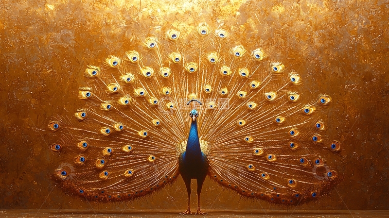 高清大图下载【趣麦麦图】金色背景的孔雀开屏