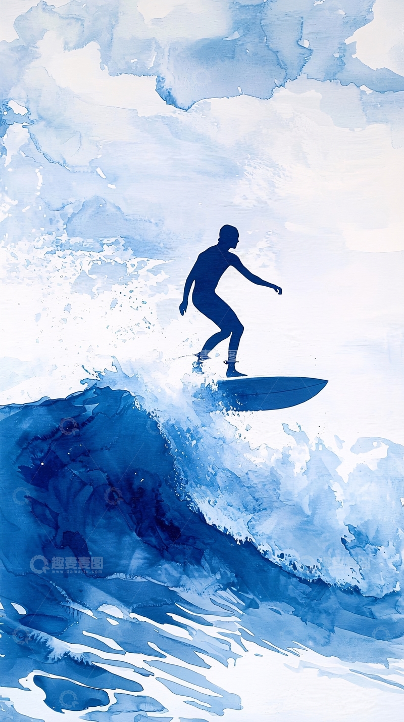 高清大图下载【趣麦麦图】蓝色调冲浪剪影