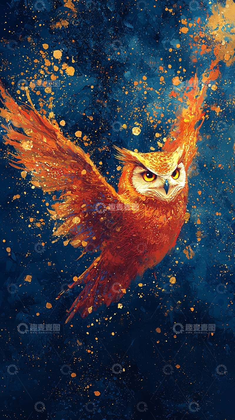 高清大图下载【趣麦麦图】飞行猫头鹰水彩画