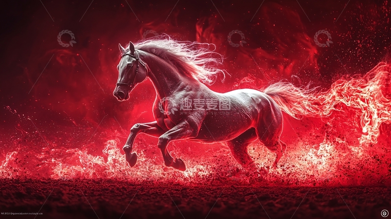 高清大图下载【趣麦麦图】红色火焰背景中的奔马