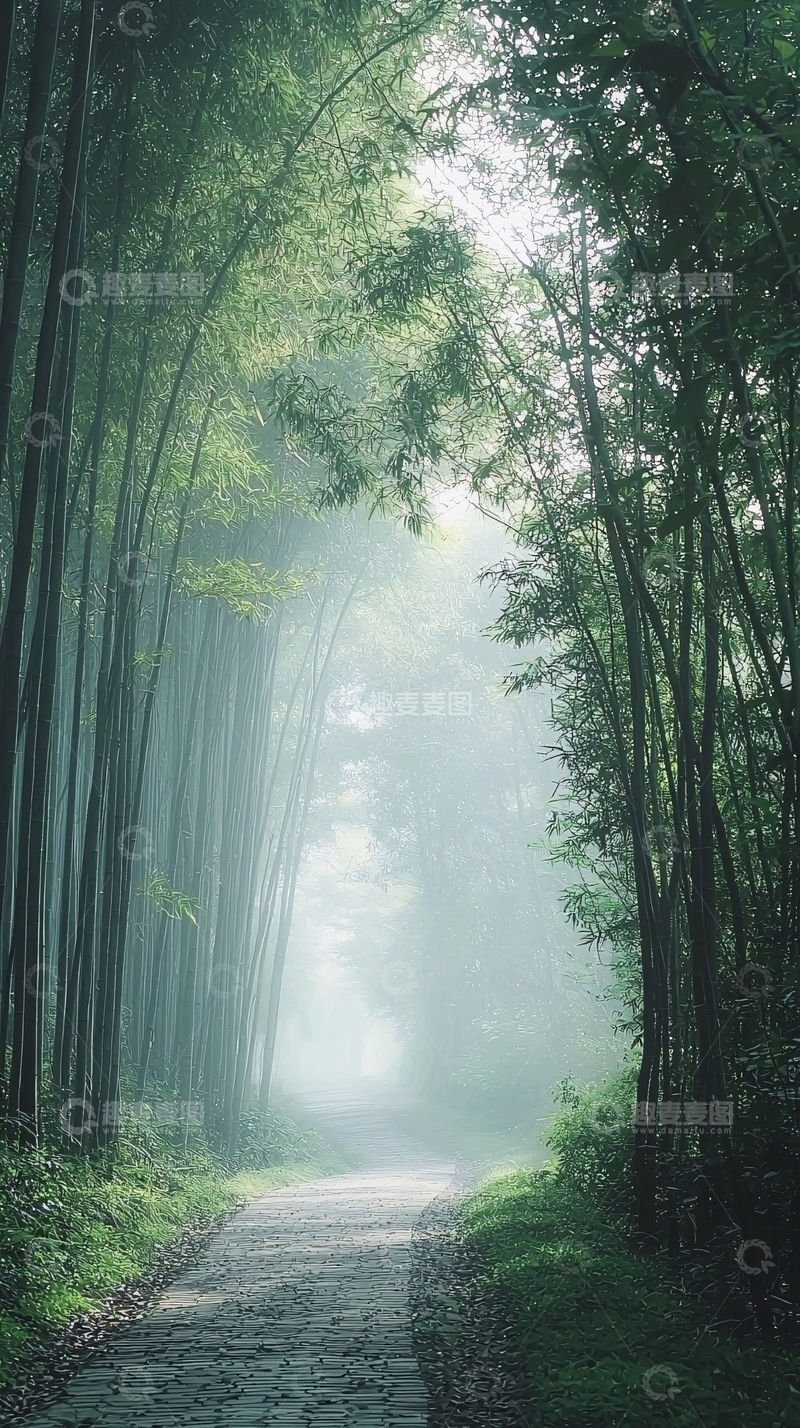 高清大图下载【趣麦麦图】雾气朦胧的竹林小路
