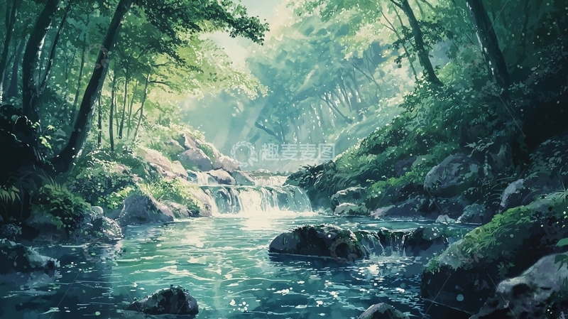 高清大图下载【趣麦麦图】森林溪流阳光树木