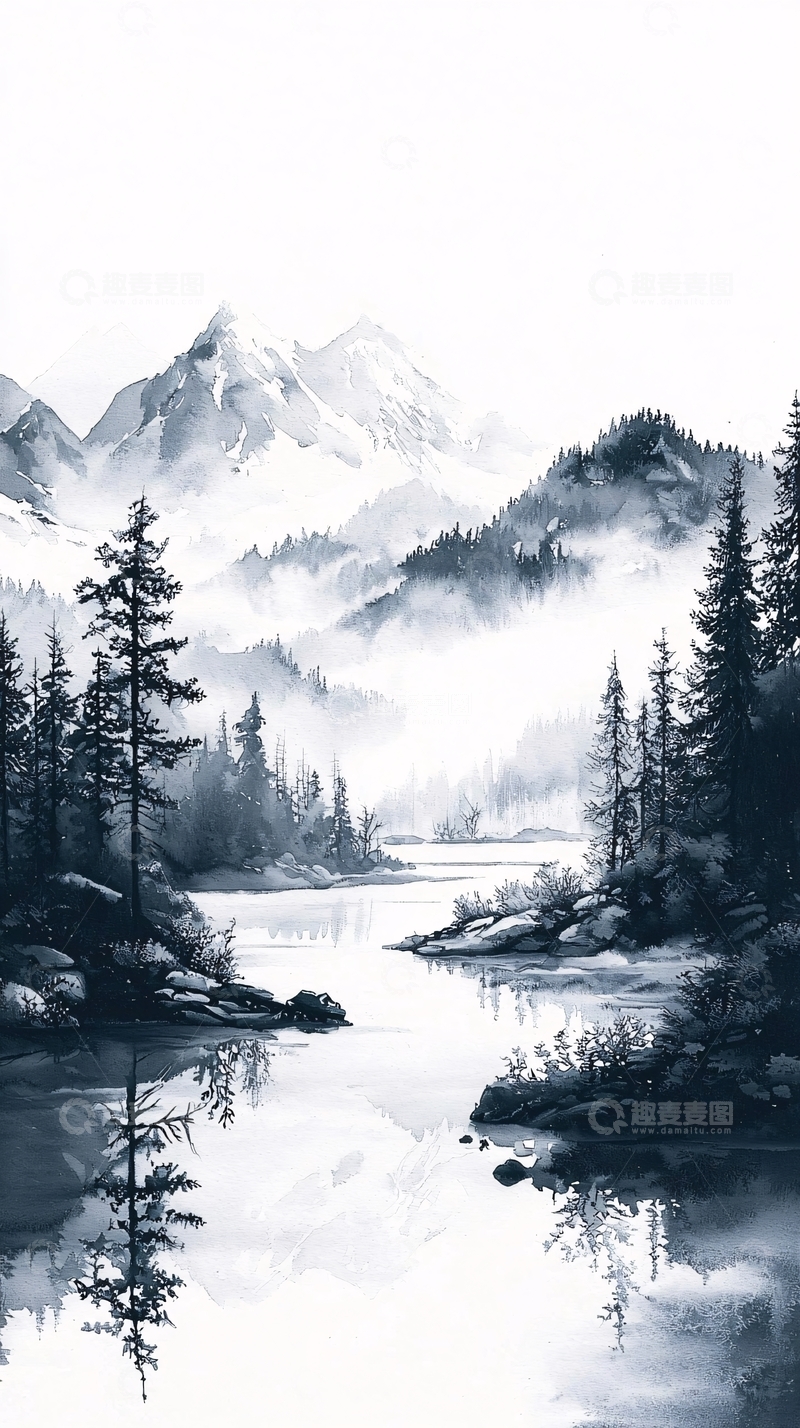 高清大图下载【趣麦麦图】黑白山水画