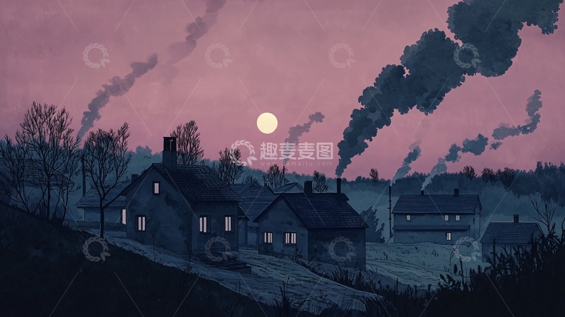 高清大图下载【趣麦麦图】傍晚村庄月色图