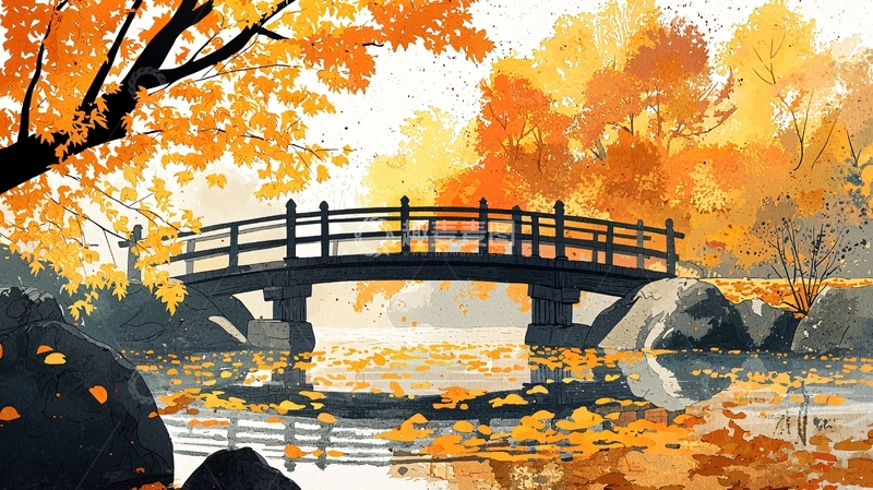 高清大图下载【趣麦麦图】秋日暖阳下的日式木桥