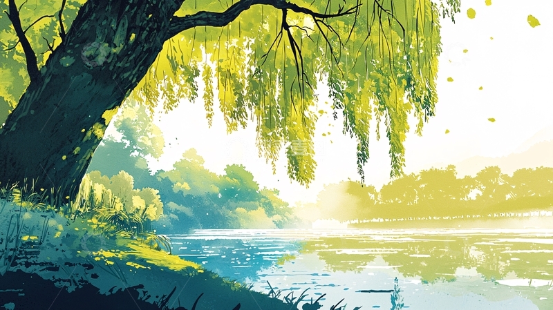 高清大图下载【趣麦麦图】垂柳湖边风景画