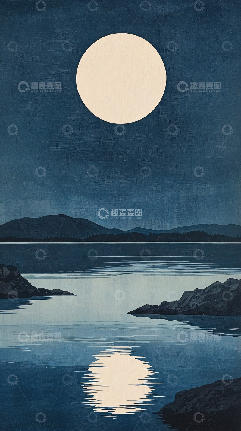 高清大图下载【趣麦麦图】极简月亮湖泊夜景
