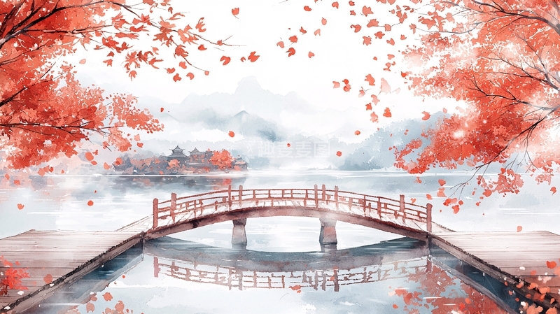 高清大图下载【趣麦麦图】红叶小桥流水人家