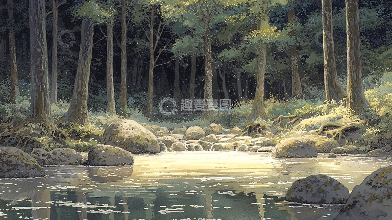 高清大图下载【趣麦麦图】森林溪流阳光