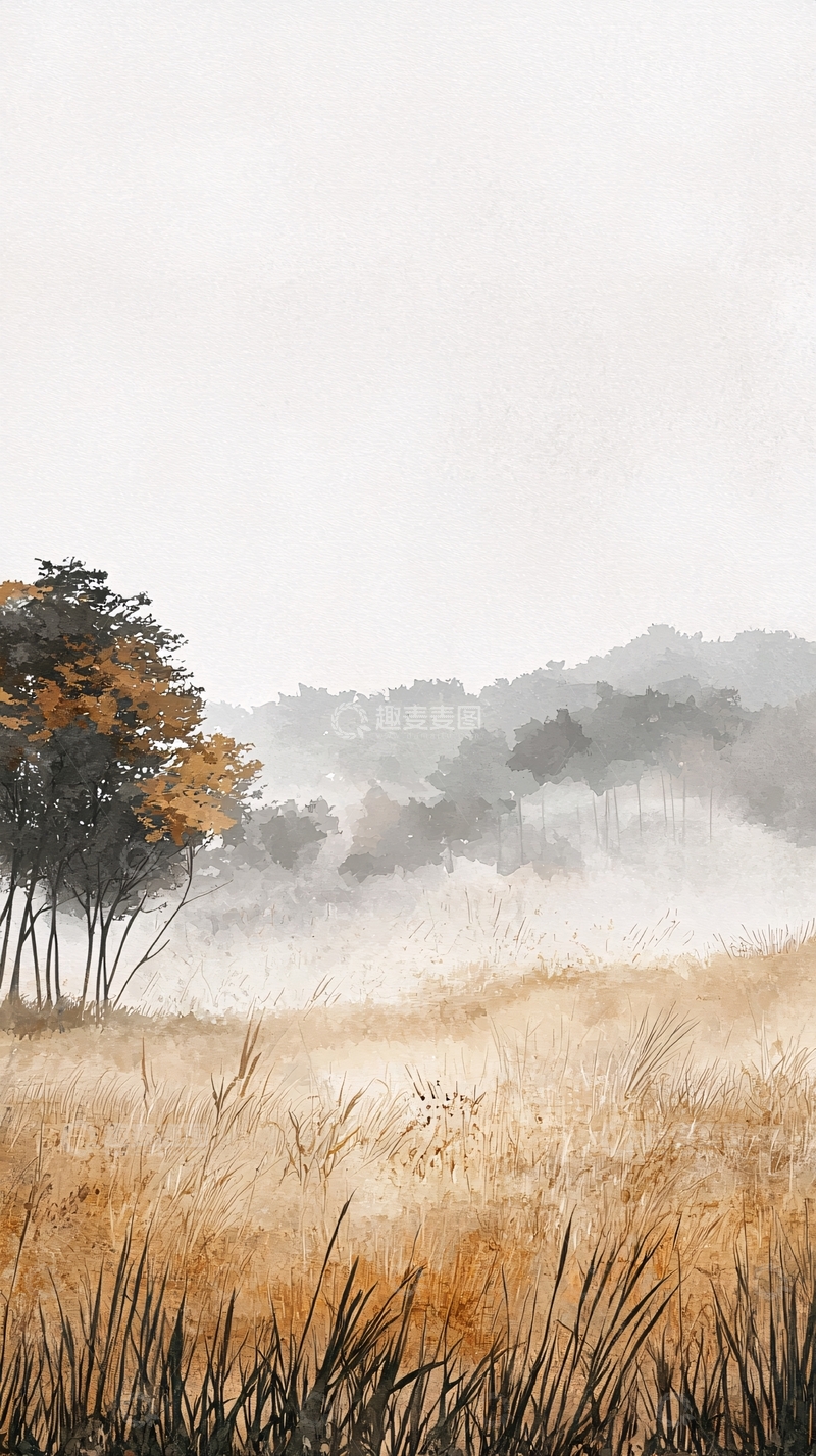 高清大图下载【趣麦麦图】雾中金黄草地树林