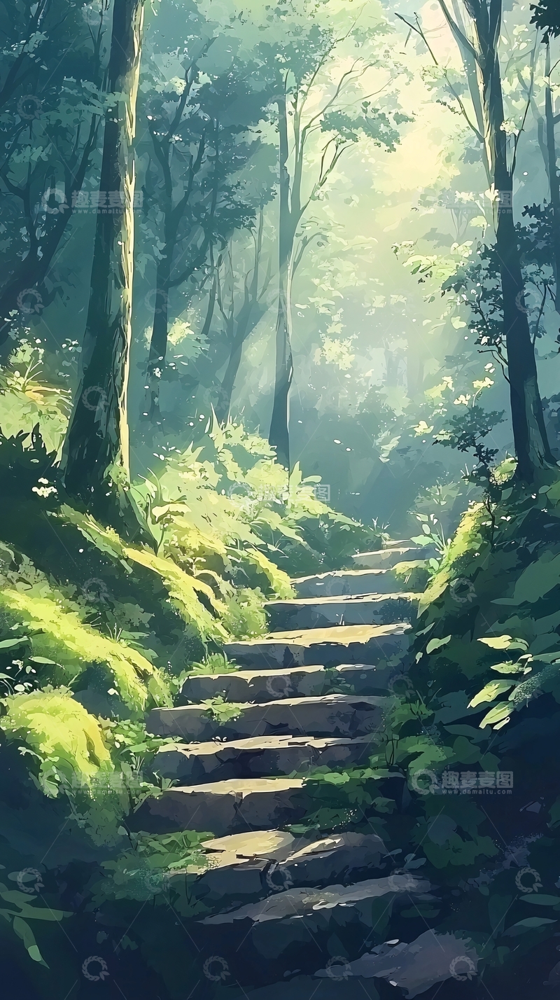 高清大图下载【趣麦麦图】森林石阶阳光