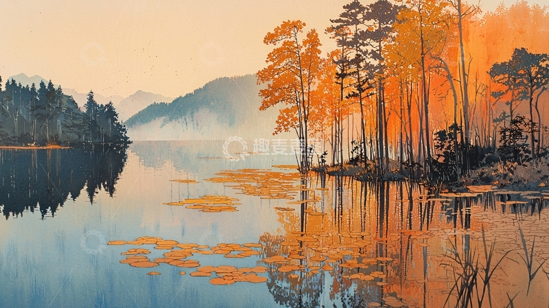 高清大图下载【趣麦麦图】秋日湖边树林倒影