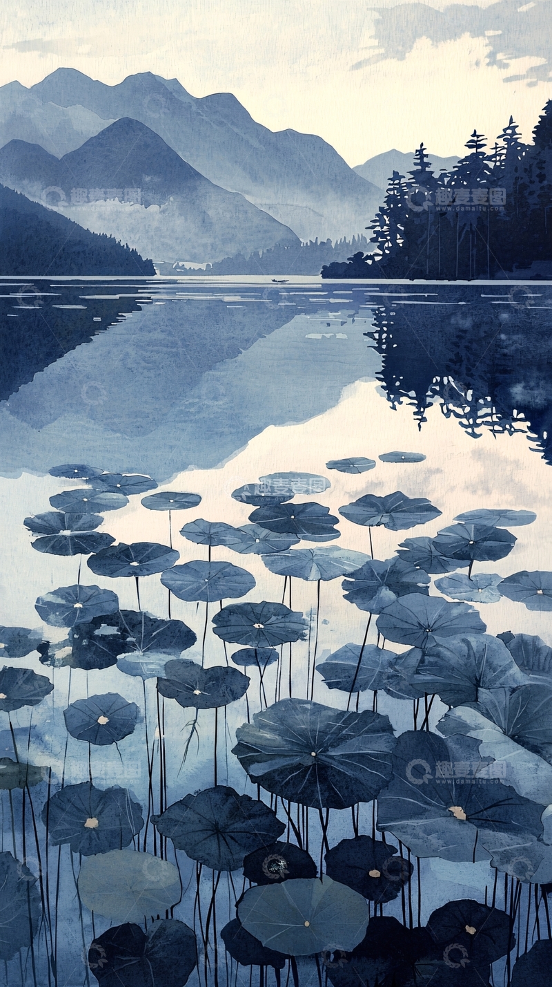高清大图下载【趣麦麦图】水墨画风格宁静湖泊