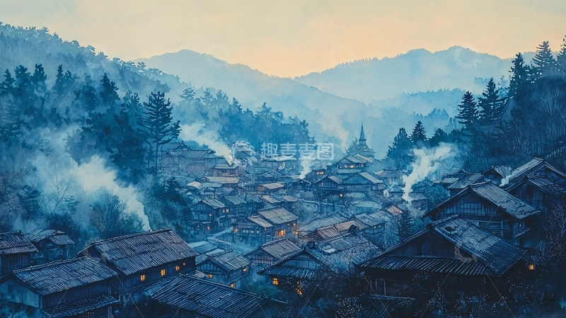 高清大图下载【趣麦麦图】山村清晨薄雾缭绕