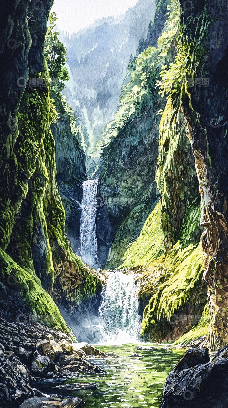 高清大图下载【趣麦麦图】峡谷瀑布风景画