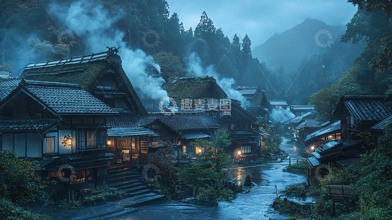 高清大图下载【趣麦麦图】雾气缭绕的日本山村