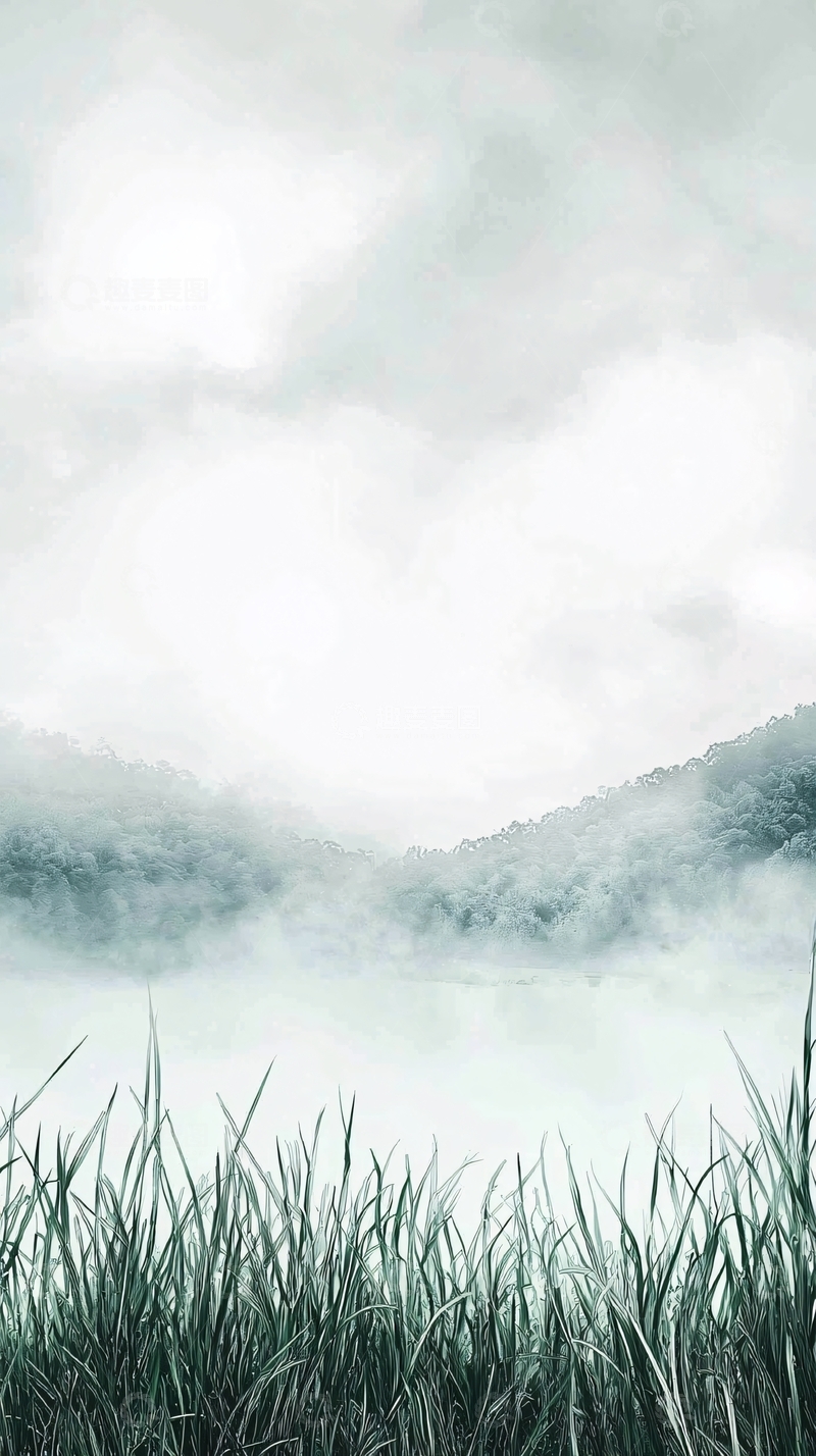 高清大图下载【趣麦麦图】雾气朦胧的山间湖泊