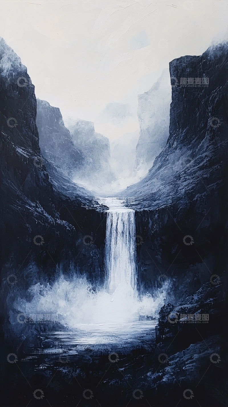 高清大图下载【趣麦麦图】壮丽的山间瀑布水墨风