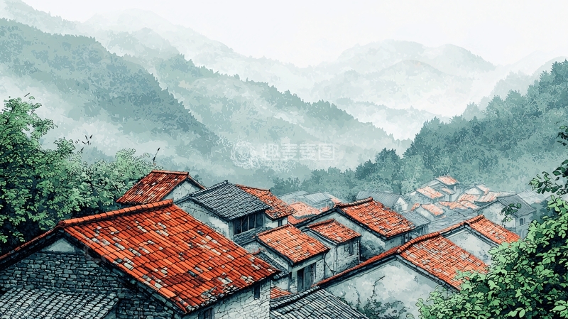 高清大图下载【趣麦麦图】山间雨雾中的村庄