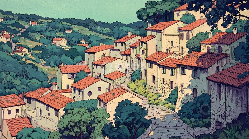 高清大图下载【趣麦麦图】山坡上的红瓦屋顶小镇