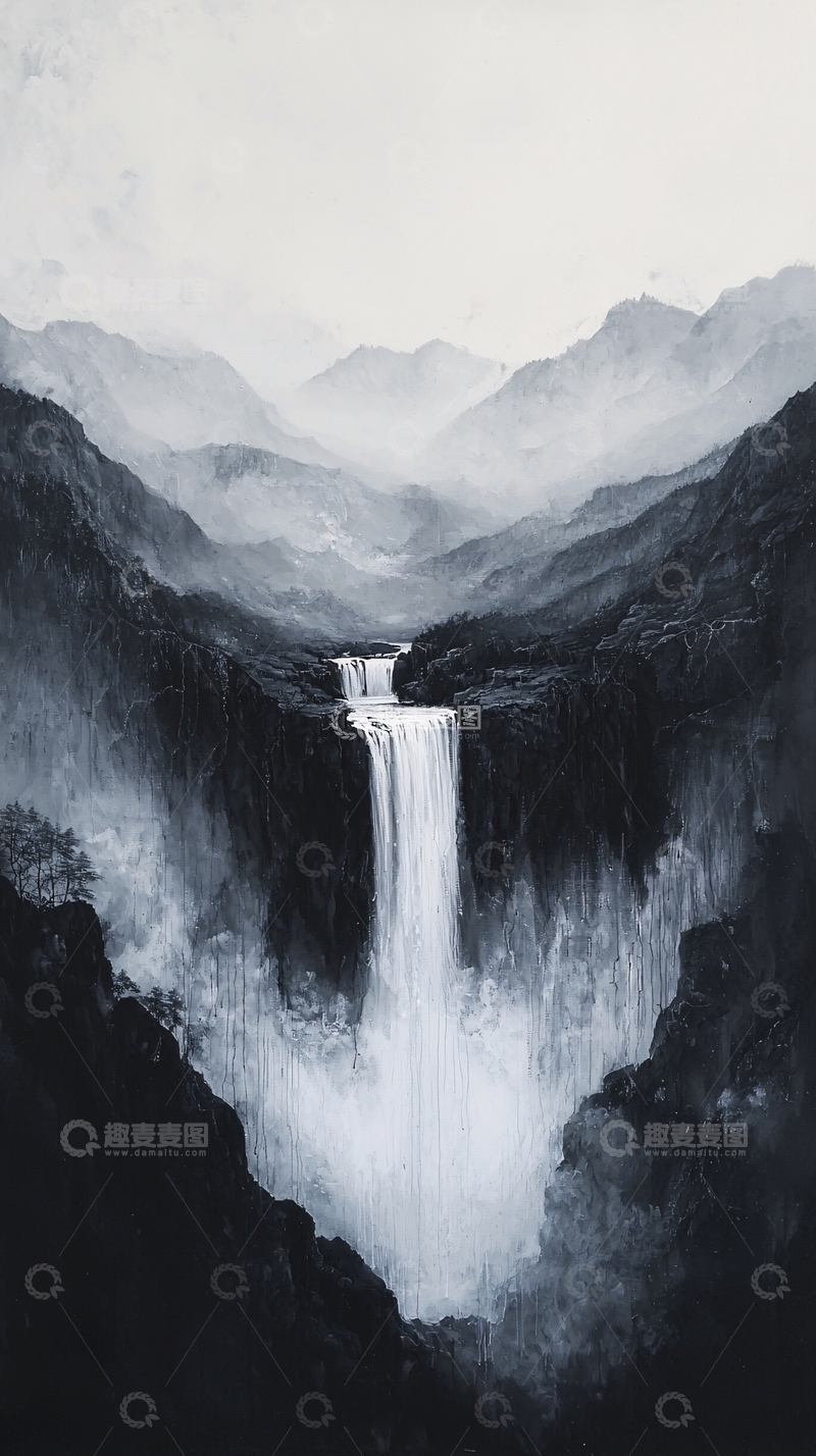 高清大图下载【趣麦麦图】黑白山水瀑布烟雾缭绕
