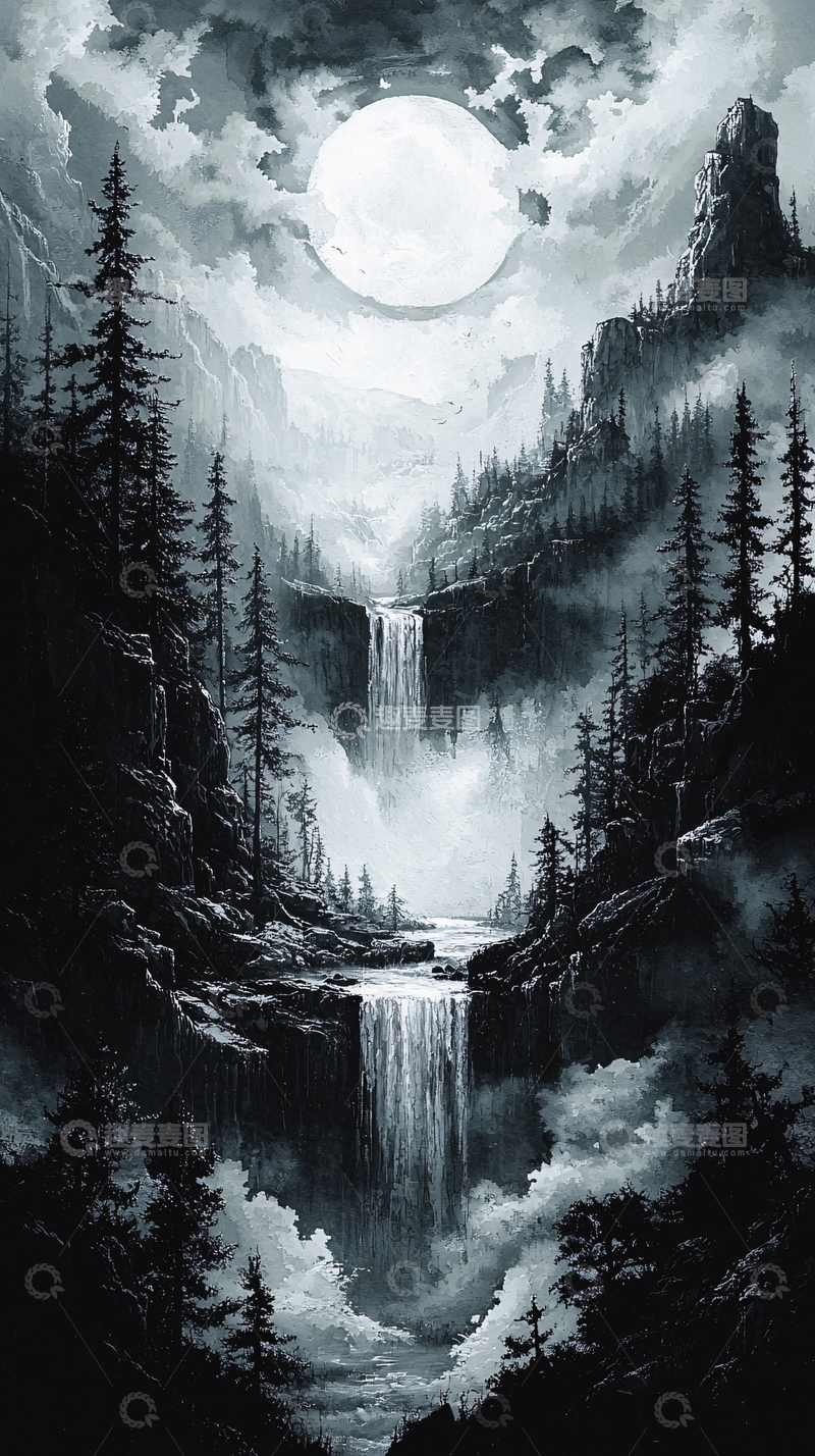 高清大图下载【趣麦麦图】月夜山间瀑布黑白水墨风