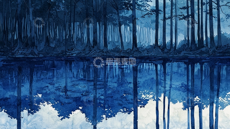 高清大图下载【趣麦麦图】蓝色森林湖泊倒影