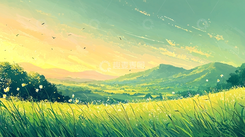 高清大图下载【趣麦麦图】夕阳下的绿色田野