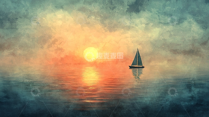 高清大图下载【趣麦麦图】海上日落帆船