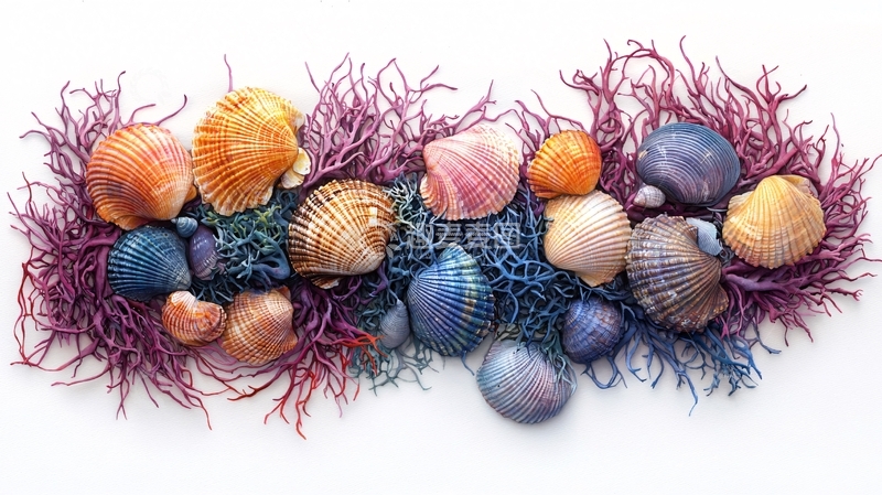 高清大图下载【趣麦麦图】各色贝壳与海藻的组合