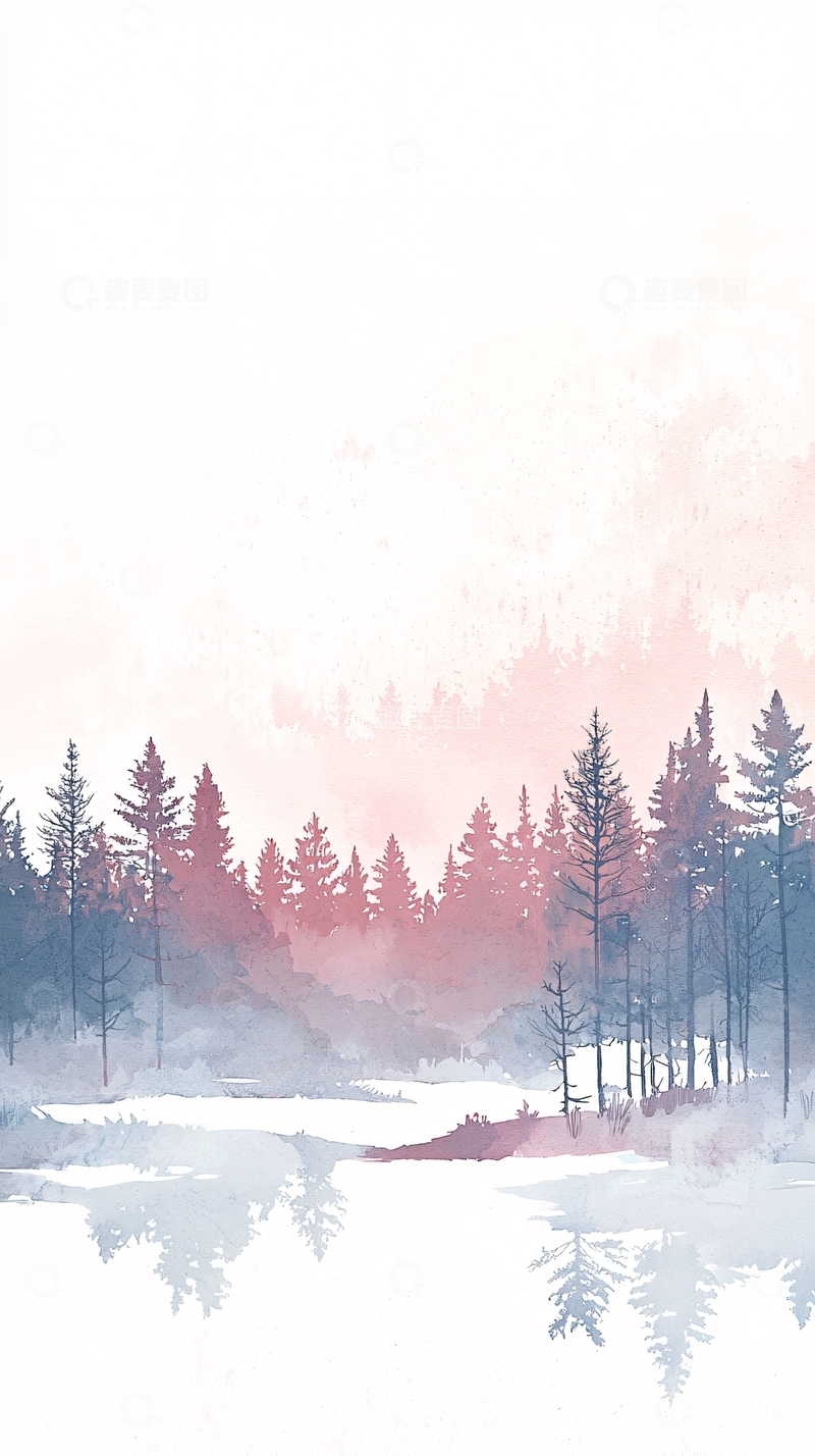高清大图下载【趣麦麦图】水彩森林湖泊风景