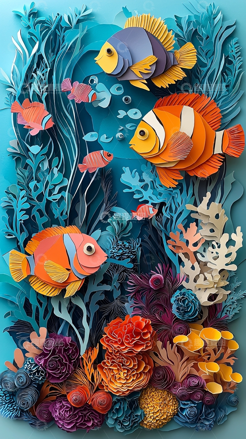高清大图下载【趣麦麦图】立体纸雕鱼群