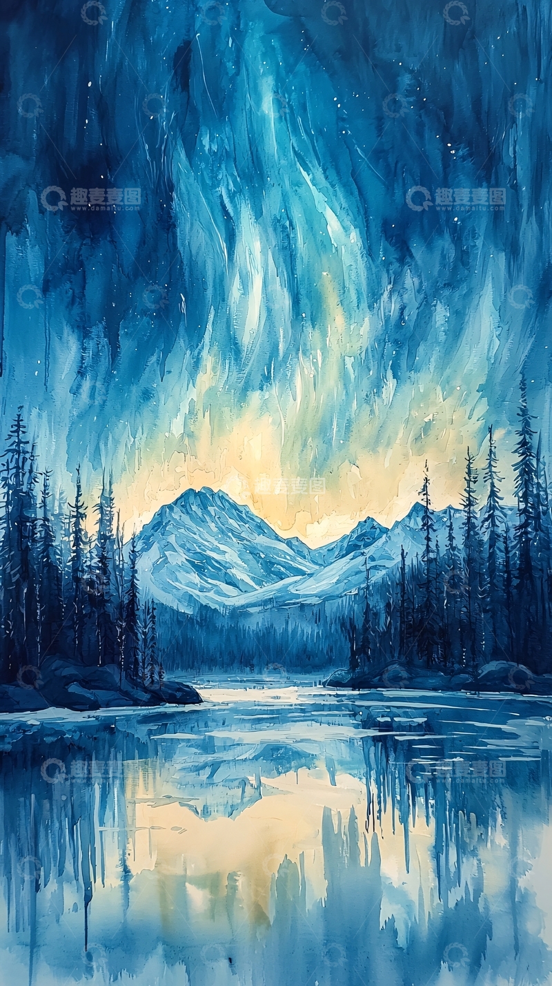 高清大图下载【趣麦麦图】极光湖泊山脉水彩画