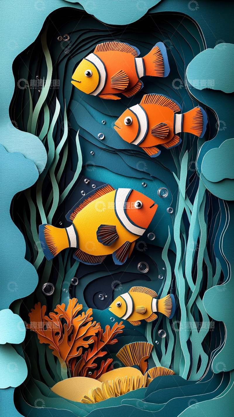 高清大图下载【趣麦麦图】水下小丑鱼群纸艺风格