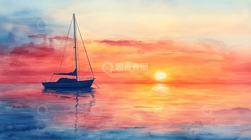 高清大图下载【趣麦麦图】夕阳下的帆船