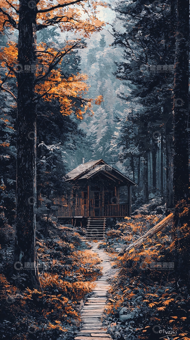 高清大图下载【趣麦麦图】深林小屋秋景图