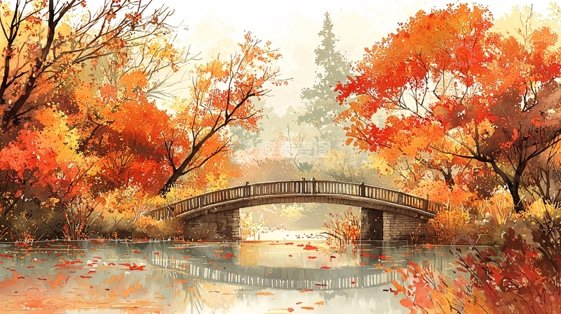 高清大图下载【趣麦麦图】秋日红叶桥流水风景画