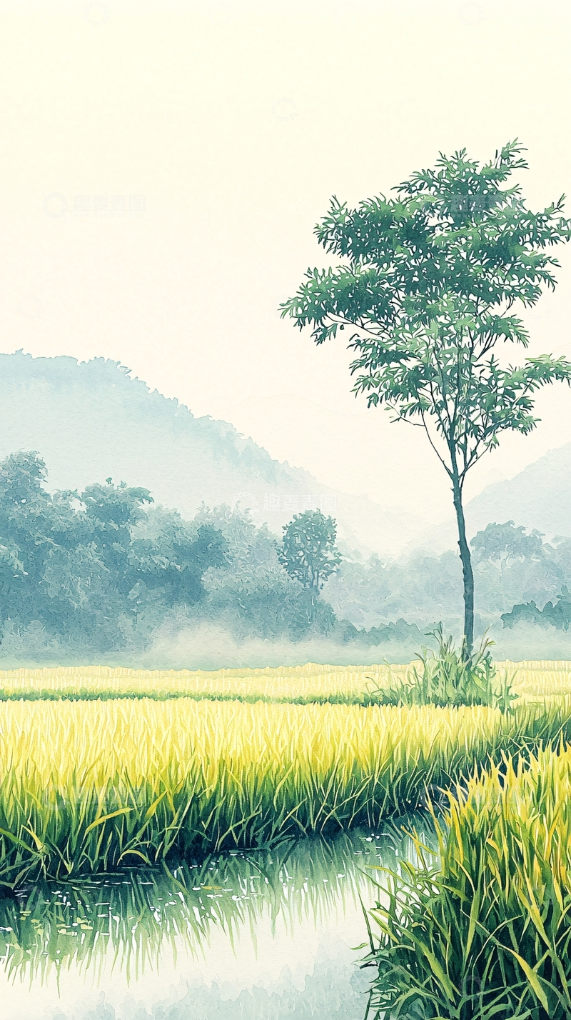 高清大图下载【趣麦麦图】清晨田园树木雾气