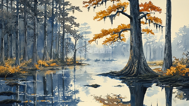 高清大图下载【趣麦麦图】秋日沼泽树林倒影