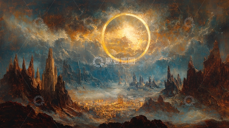 高清大图下载【趣麦麦图】黄金圆环悬挂在壮丽山脉之上