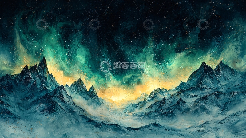 高清大图下载【趣麦麦图】壮丽山峰下的极光夜空
