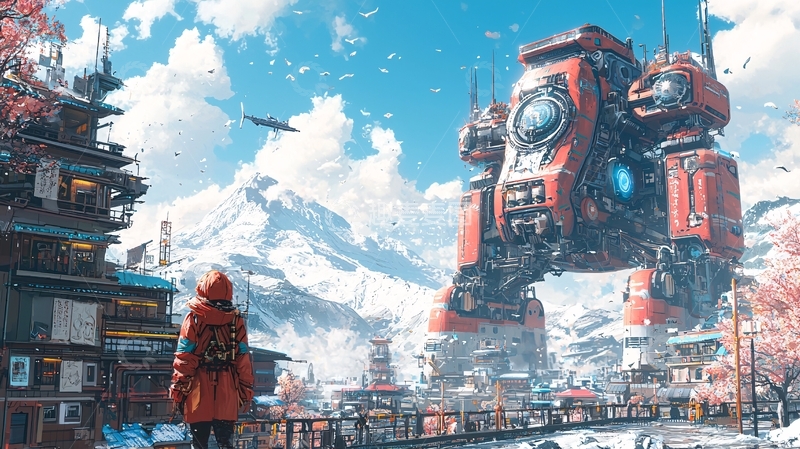 高清大图下载【趣麦麦图】红衣少女眺望巨型机甲