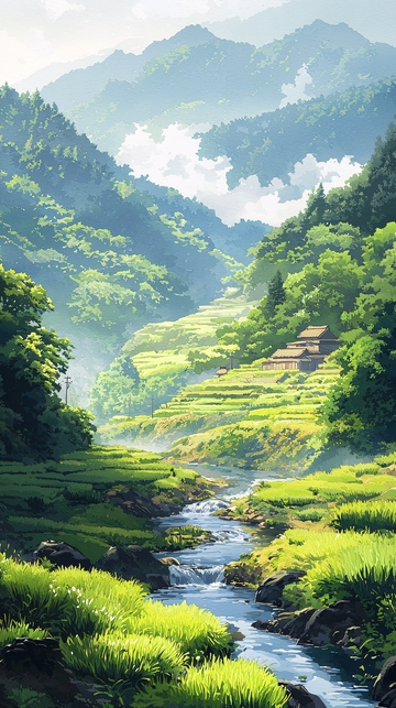 山谷溪流田园风光