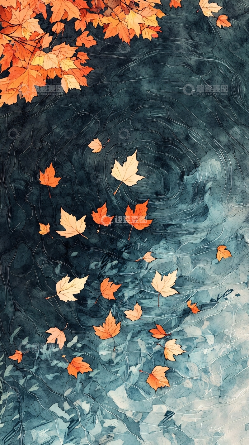高清大图下载【趣麦麦图】深秋落叶水彩画